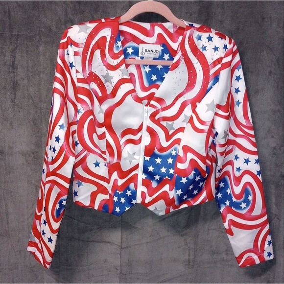 Banjo Dallas TX Vintage Rodeo Wear Stars and Stripes Zip Front Crop Top Size Med - Picture 1 of 8